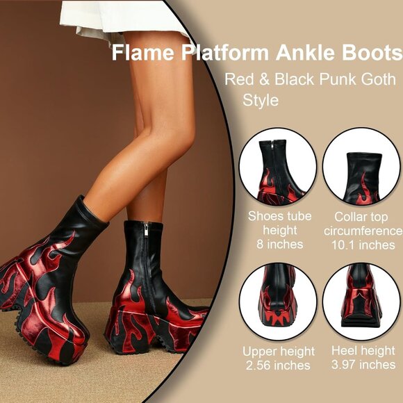 Women's Red Flame Printing Chunky Sole Ankle High Zipper Closure Round Toe Boots - Picture 6 of 9